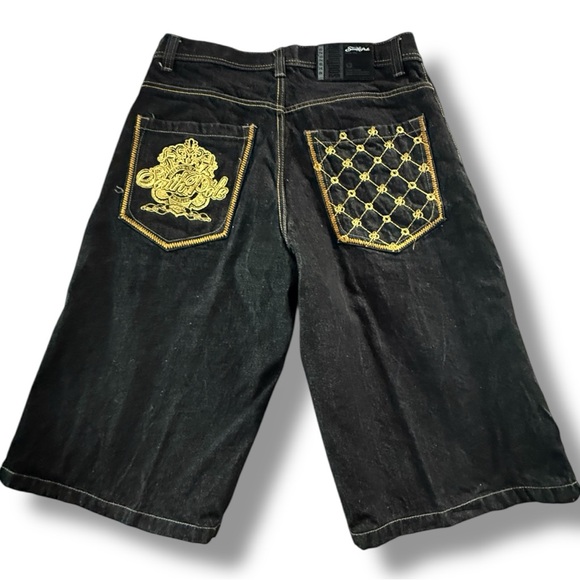 Vintage Y2K Southpole Jorts RARE BAGGY WIDE LEG SKATER SHORTS Size 34 Black Gold - Picture 1 of 10
